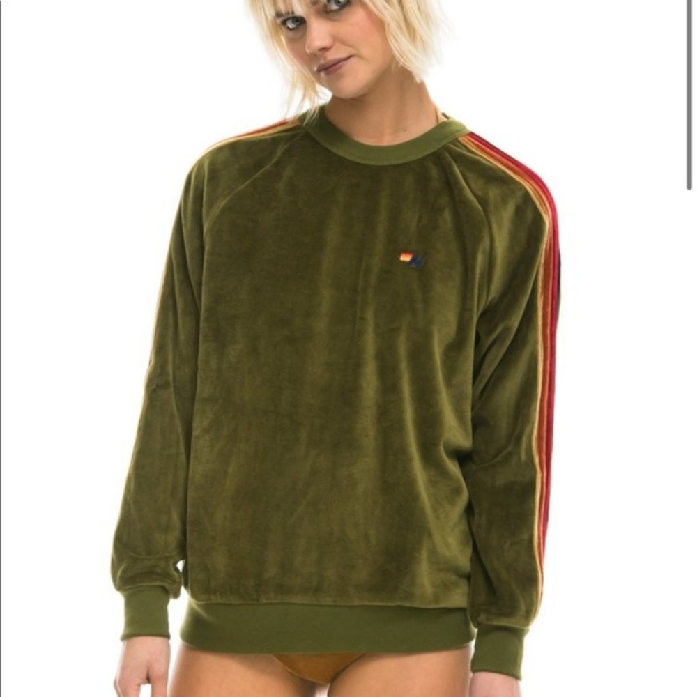 EUC! AVIATOR NATION VELOUR VELVET CREWNECK SWEATSSHIRT GREEN GRASSY SZ S